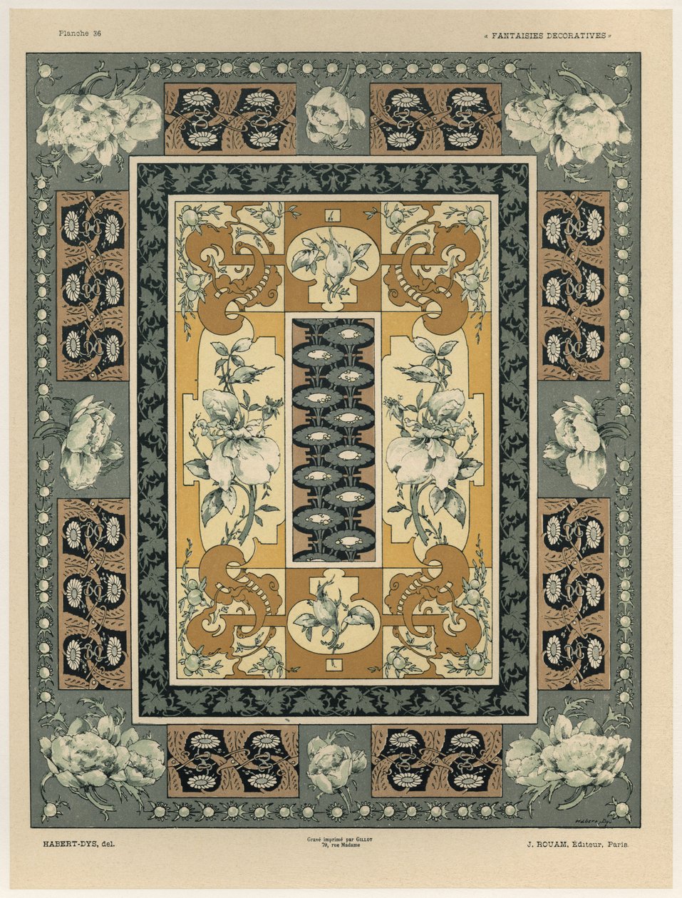 Dekoratif desenler, Gillot tarafından oyulmuş, 'Fantaisies dekoratiflerinden' plaka 36, Jules Rouam, Librairie de l'Art, Paris, 1887 (renkli gravür) by Jules Auguste Habert Dys