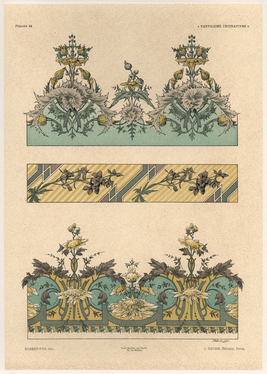 Çiçek desenleri, 'Fantaisies decores'dan plaka 44, Gillot tarafından oyulmuş, Jules Rouam tarafından yayınlanmıştır, Librairie de l'Art, Paris, 1887 (renkli gravür) by Jules Auguste Habert Dys