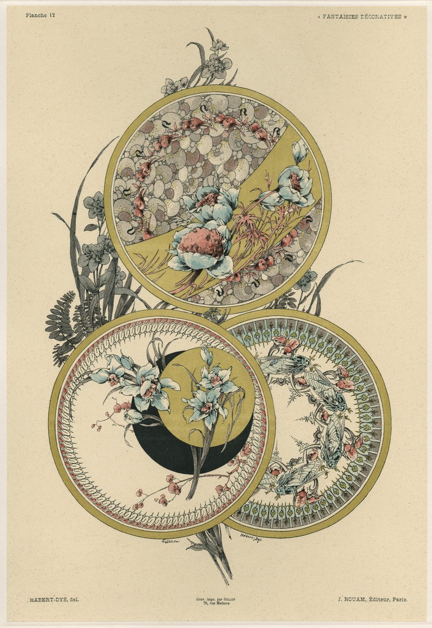 Çiçekler ve sinekler, Gillot tarafından oyulmuş, 'Fantaisies decores'dan levha 12, Jules Rouam tarafından yayınlanmıştır, Librairie de l'Art, Paris, 1887 (renkli gravür) by Jules Auguste Habert Dys