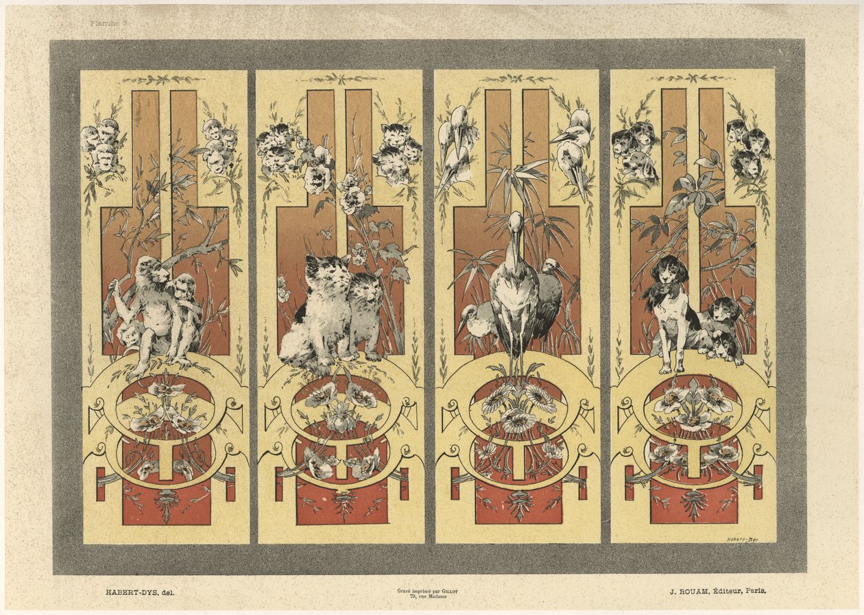 Maymunlar, kediler, balıkçıllar ve köpekler, Gillot tarafından oyulmuş, Jules Rouam tarafından yayınlanmış, Librairie de l