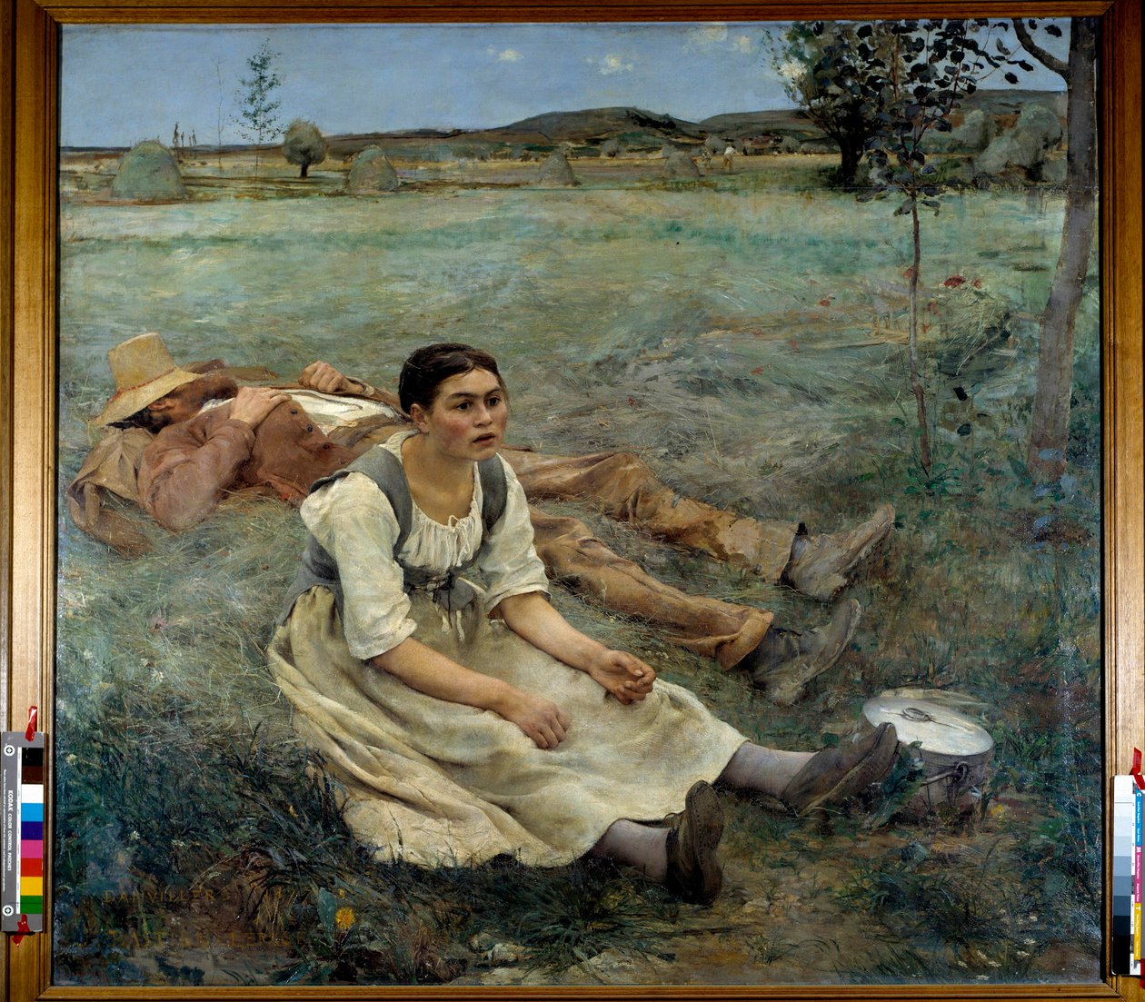 Hay Hasat mevsiminde uyuyan bir adamın yanında çimenlerde oturan bir kadın. Jules Bastien Lepage (1848-1884) 1877 Sun tarafından tablo. 1,80 x 1,95 m by Jules Bastien Lepage