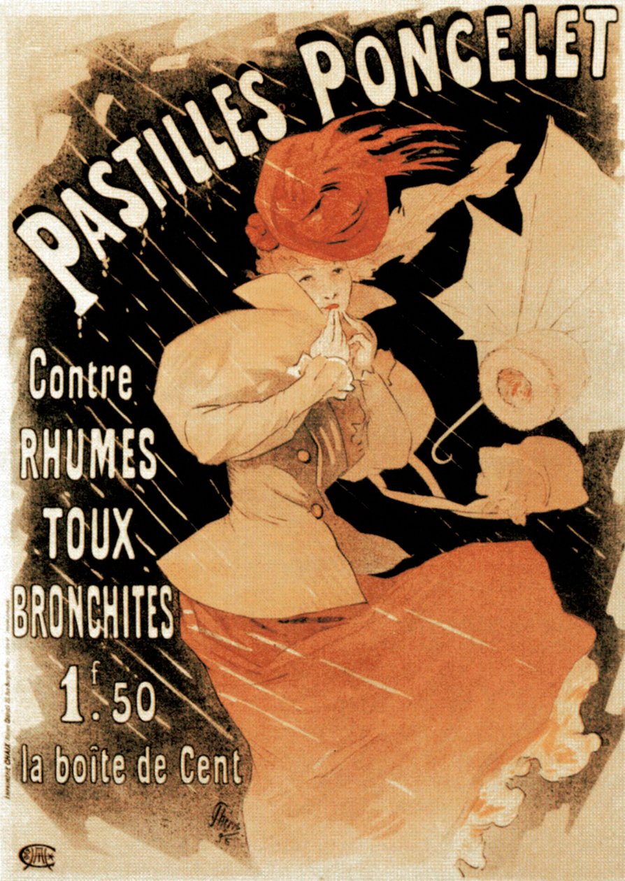 Soğuk algınlığı ve bronşit ilacı Pastilles Poncelet için reklam afişi, 1896. by Jules Cheret
