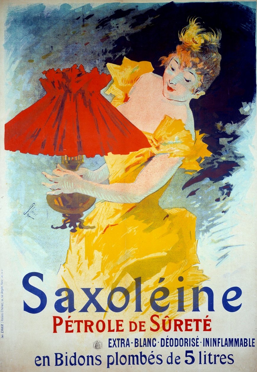 “Saxoleine Petrole de surete” ürününün reklam afişi: Bir kadın bir lambaya yağ koyuyor. Poster reklamı 