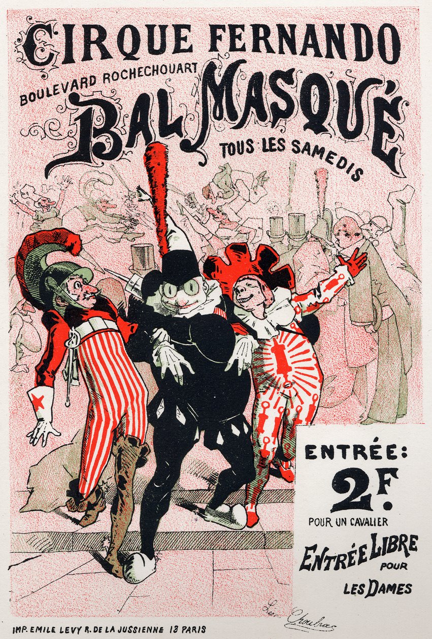 Sanat. Eğlence. Fernando sirkinin Maskeli Balo Balosu, Paris. Poster Jules Cheret, Fransa, c.1870-80 (poster) by Jules Cheret