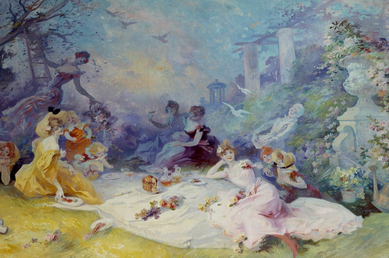 Çimlerin üzerinde kahvaltı Kır pikniği sahnesi. Jules Cheret
