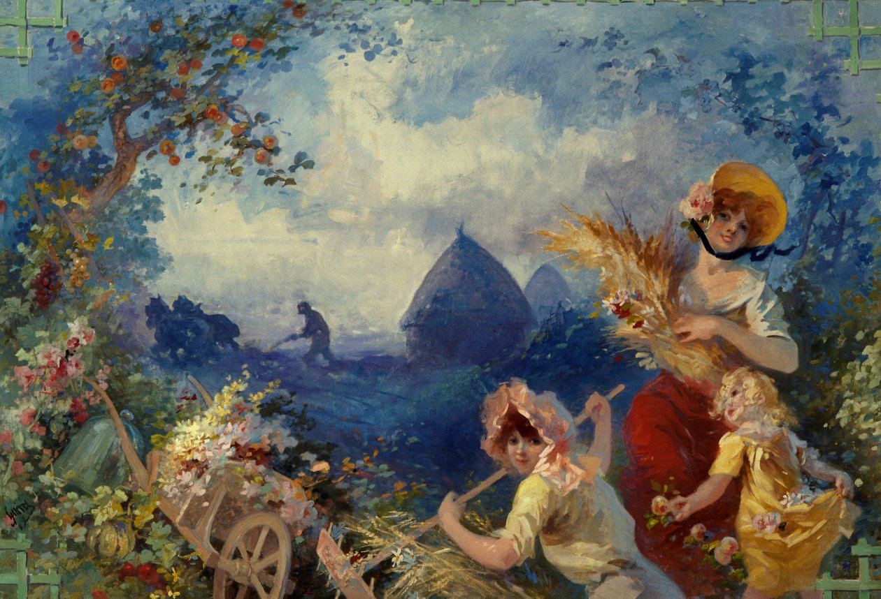 Hasat arka planına karşı buğday çizmeleri tutan genç kadınları temsil eden La Terre Allegorie. Goblen için karton Jules Cheret (1836-1932) 20. yüzyıl Nice, Musee Cheret by Jules Cheret