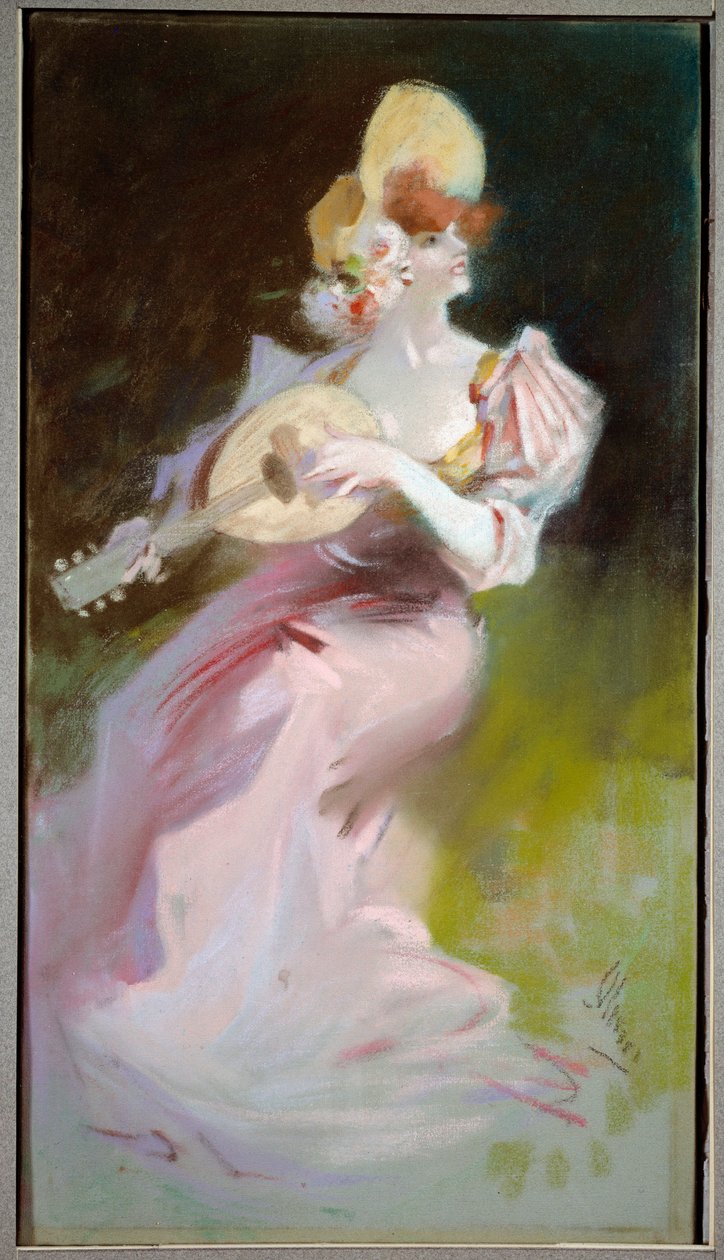 Mandolinli kadın resmi Jules Cheret (1836-1932) 20. yüzyıl Chalons sur Marne, Güzel Sanatlar Müzesi. by Jules Cheret