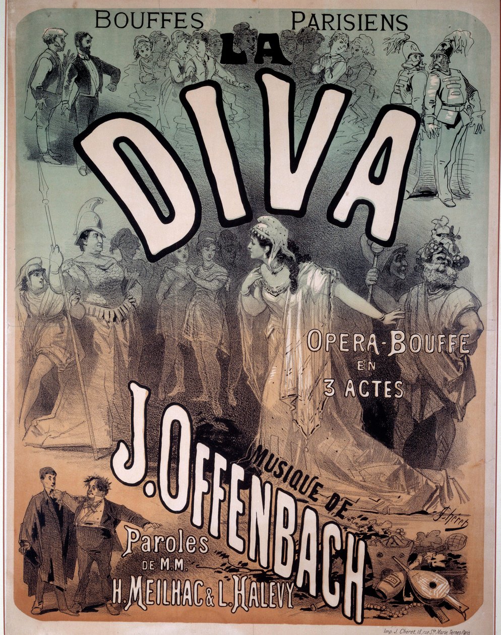 Poster for the operette “Diva” put to music by Jacques Offenbach (1819-1880) at the Parisian Bouffes by Jules Cheret