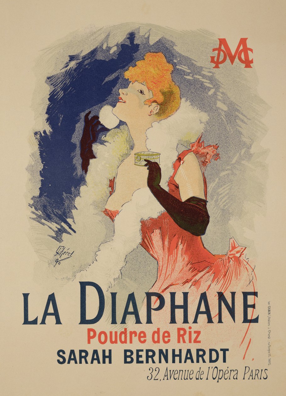 Sarah Bernhardt (1844-1923), 1890 tarafından modellenen yarı saydam yüz pudrası 'La Diaphane' reklamının posterinin çoğaltılması by Jules Cheret