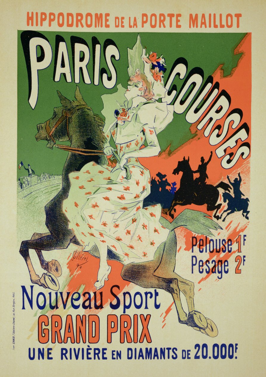 Hipodrom de la Porte Maillot'ta 'Paris Kursları' reklamını yapan bir posterin çoğaltılması, Paris, 1890 by Jules Cheret