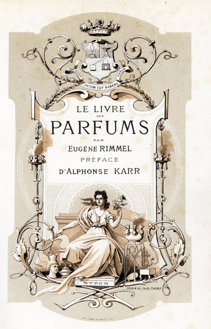 Başlık sayfası, arması ve elinde gül tutan, trone üzerinde oturan bir kadın - Eugene Rimmel (1820-1887), Fransa tarafından Le Livre des Parfums
