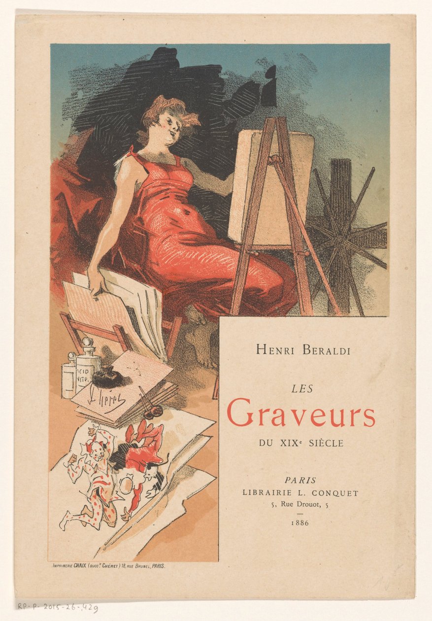 Bir grafikerin araçları ve malzemeleriyle çevrili kadın by Jules Cheret