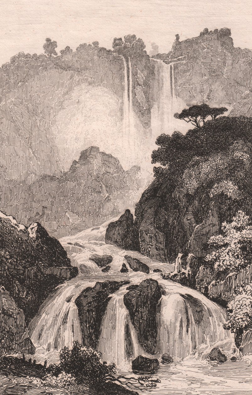 Terni, Umbria, İtalya yakınlarındaki Marmore Şelalesi'nin (Cascata delle Marmore) görünümü, Jules Coignet (1798-1860) tarafından çizildikten sonra çelik gravür, yaklaşık 14x20 cm by Jules Coignet