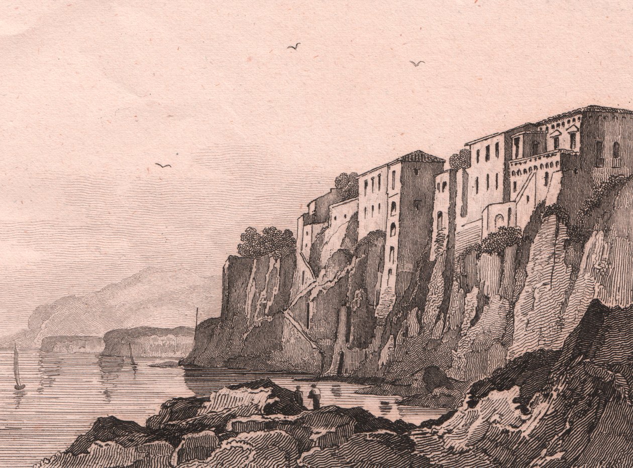Sorrento'nun Torquato Tasso'nun eviyle görünümü, Campania, İtalya, Jules Coignet (1798-1860) tarafından çizildikten sonra Sauvage tarafından çelik gravür, yaklaşık 13x10 cm by Jules Coignet