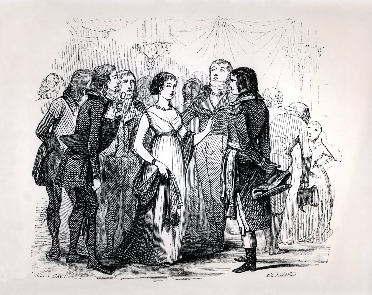 Madame de Stael (1766-1817), Napolyon Bonapart'ı (1769-1821) en iyi kadınlar hakkında sorguluyor, Emile Marco de Saint-Hilaire'in 'Napolyon'undan, Bernard tarafından oyulmuş, Paris, 1843 by Jules David