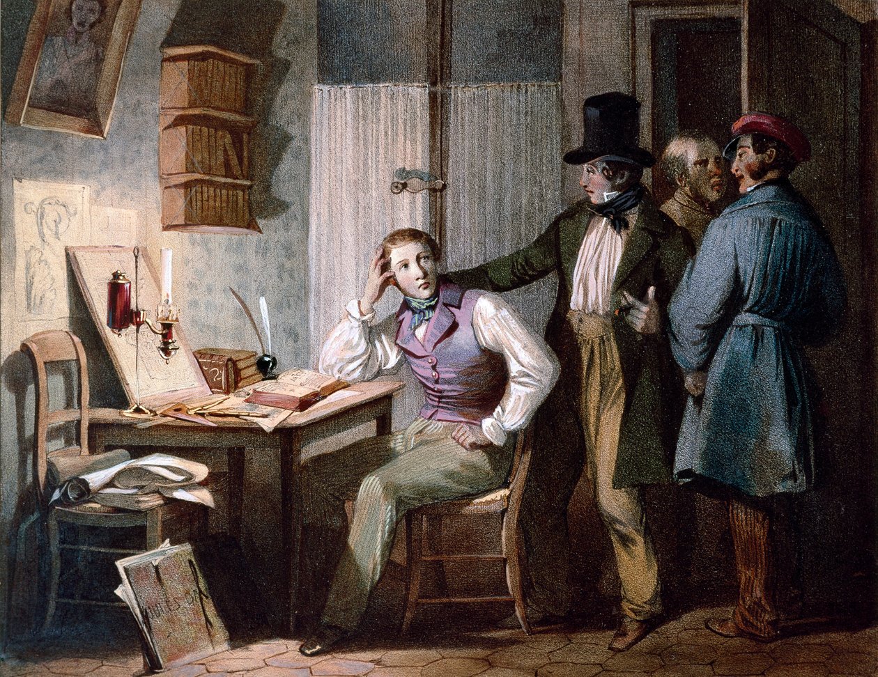 Çalışmak. Arkadaşları dışarı çıkarken ofisinde çalışkan bir öğrenci işte kalır. Jules David (19. yüzyıl) tarafından renkli gravür. Paris, Musee Carnavalet by Jules David