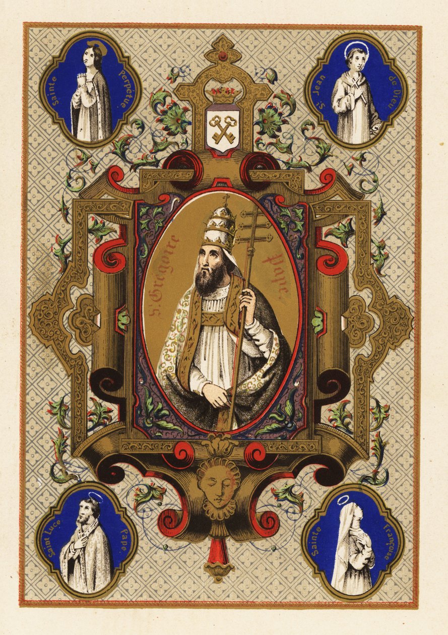 Dekoratif bir kenarlık içinde Aziz Gregory, Papa Gregory I, triregnum veya üçlü taç ve Papalık ferula ile portresi by Jules Desportes