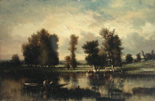 Nehrin Kıyısında Tekne (beşik panelde yağ) by Jules Dupré