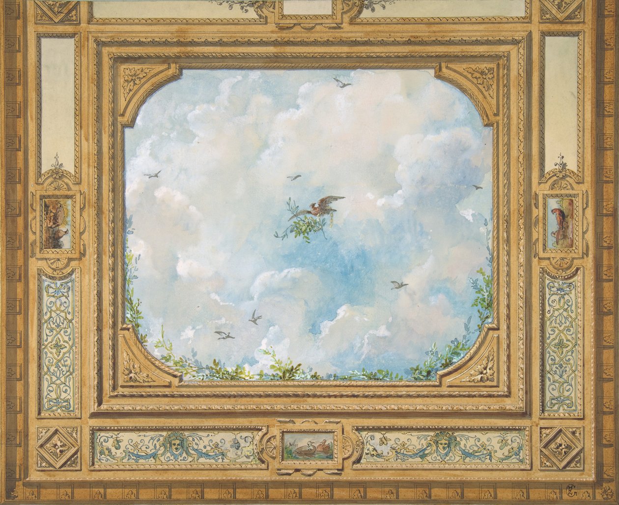 Bulutlar ve kuşlarla süslenmiş bir tavan tasarımı, 1830-97. Yaratıcılar: Jules-Edmond-Charles Lachaise, Eugène-Pierre Gourdet. by Jules Edmond Charles Lachaise and Eugène Pierre Gourdet