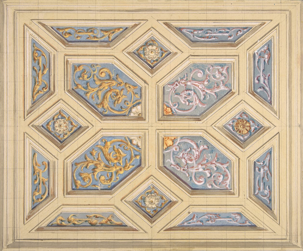 1840-97, kaydırma işi ile süslenmiş kesonlu bir tavan için tasarım. Yaratıcılar: Jules-Edmond-Charles Lachaise, Eugène-Pierre Gourdet. by Jules Edmond Charles Lachaise and Eugène Pierre Gourdet