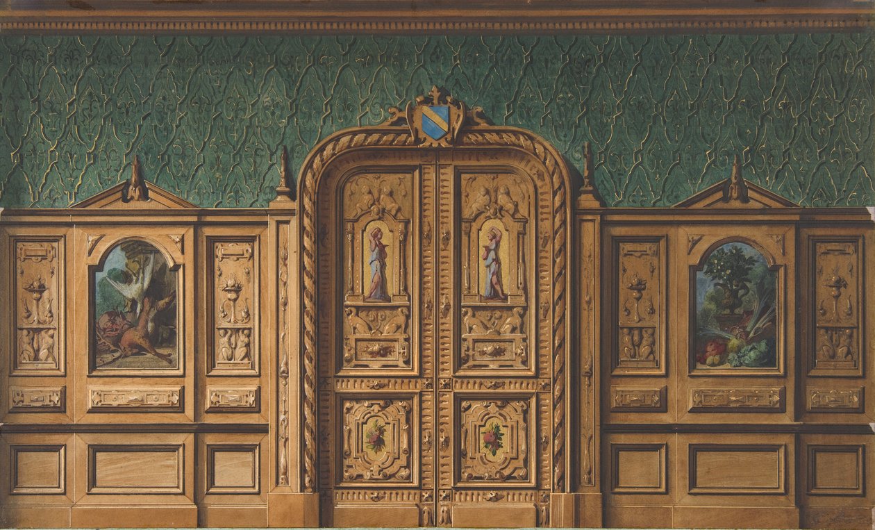 Tablolarla birlikte ahşap paneller ve ağır oymalı çift kapılı bir oda için tasarım, 1830-97. Yaratıcılar: Jules-Edmond-Charles Lachaise, Eugène-Pierre Gourdet. by Jules Edmond Charles Lachaise and Eugène Pierre Gourdet