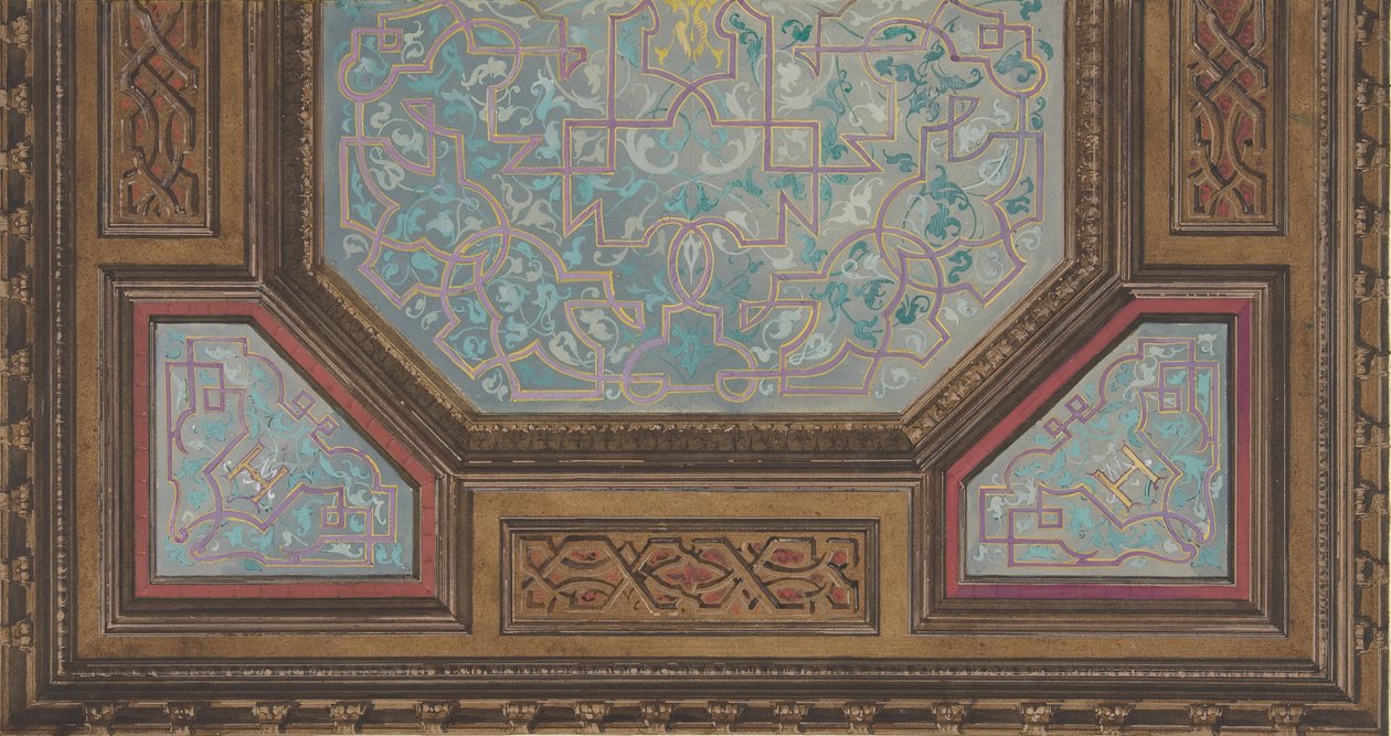 H, 1830-97 monogramlı kesonlu tavanın boyalı dekorasyonu için tasarım. Yaratıcılar: Jules-Edmond-Charles Lachaise, Eugène-Pierre Gourdet. by Jules Edmond Charles Lachaise and Eugène Pierre Gourdet