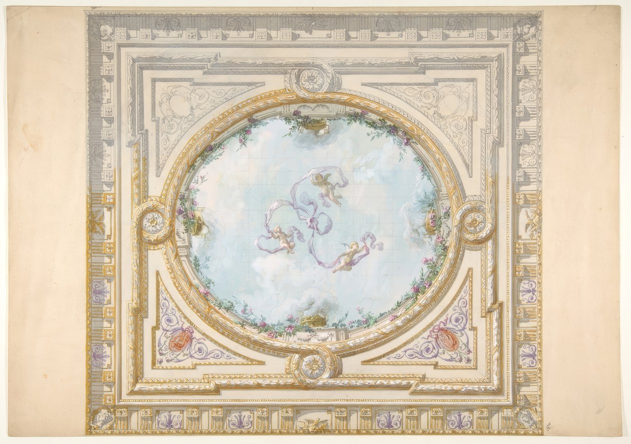 Trompe loeil oculus ile rokoko tarzında bir tavan için tasarım by Jules Edmond Charles Lachaise