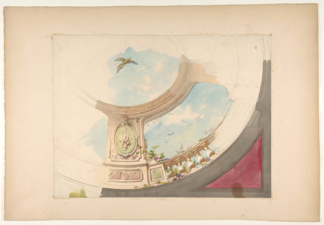 Trompe loeil korkuluk ve gökyüzü ile bir tavan için tasarım by Jules Edmond Charles Lachaise