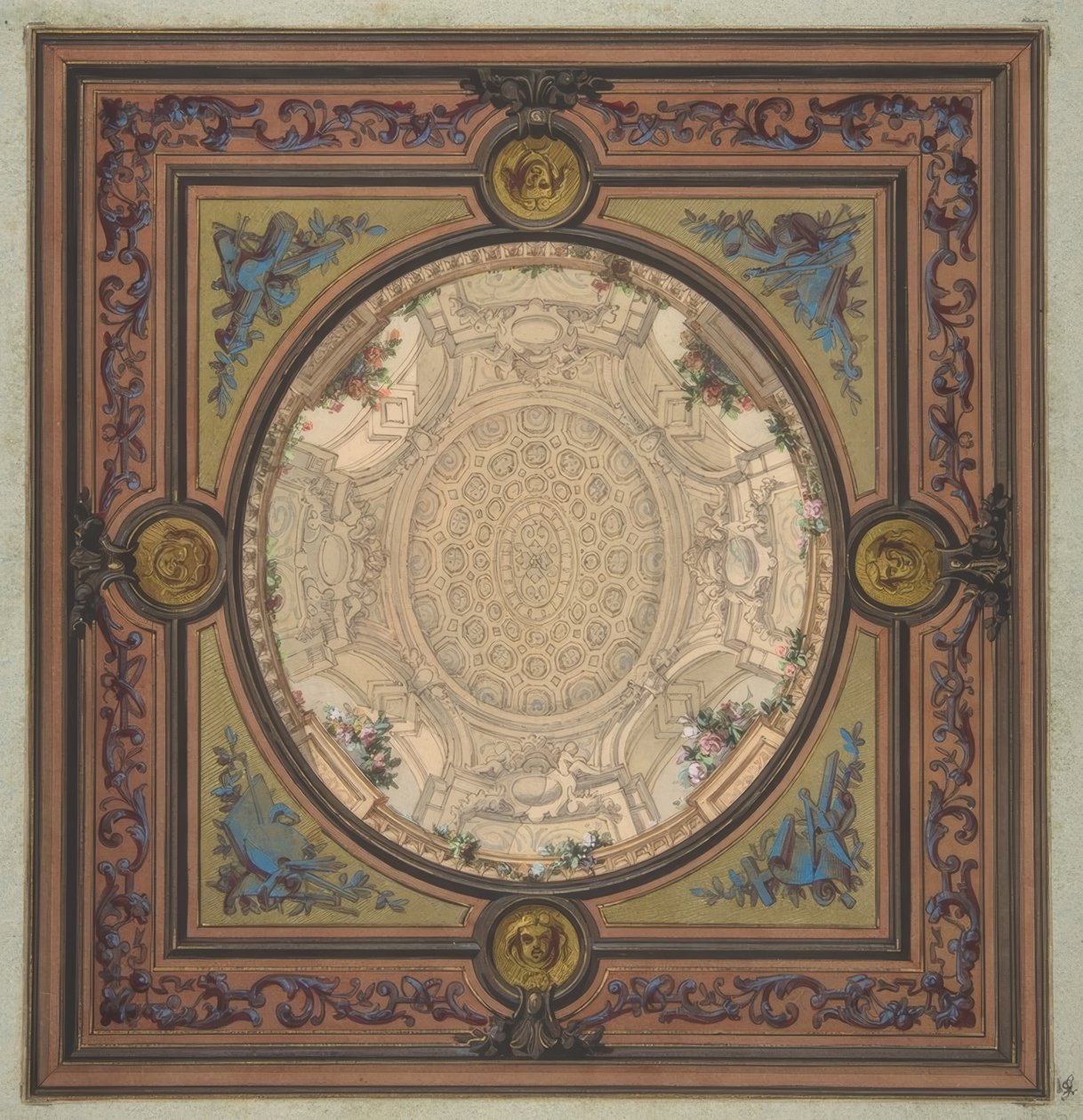 Kesonlu bir kubbenin trompe loeil boyaması ile bir tavanın dekorasyonu için tasarım by Jules Edmond Charles Lachaise