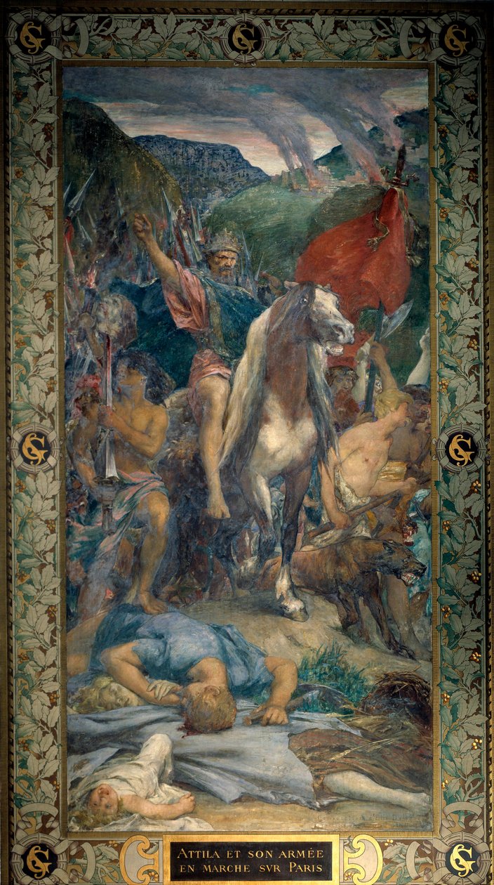 Hunların Kralı Attila (395-453) ve Barbarlardan oluşan ordusu, 450 Fresk