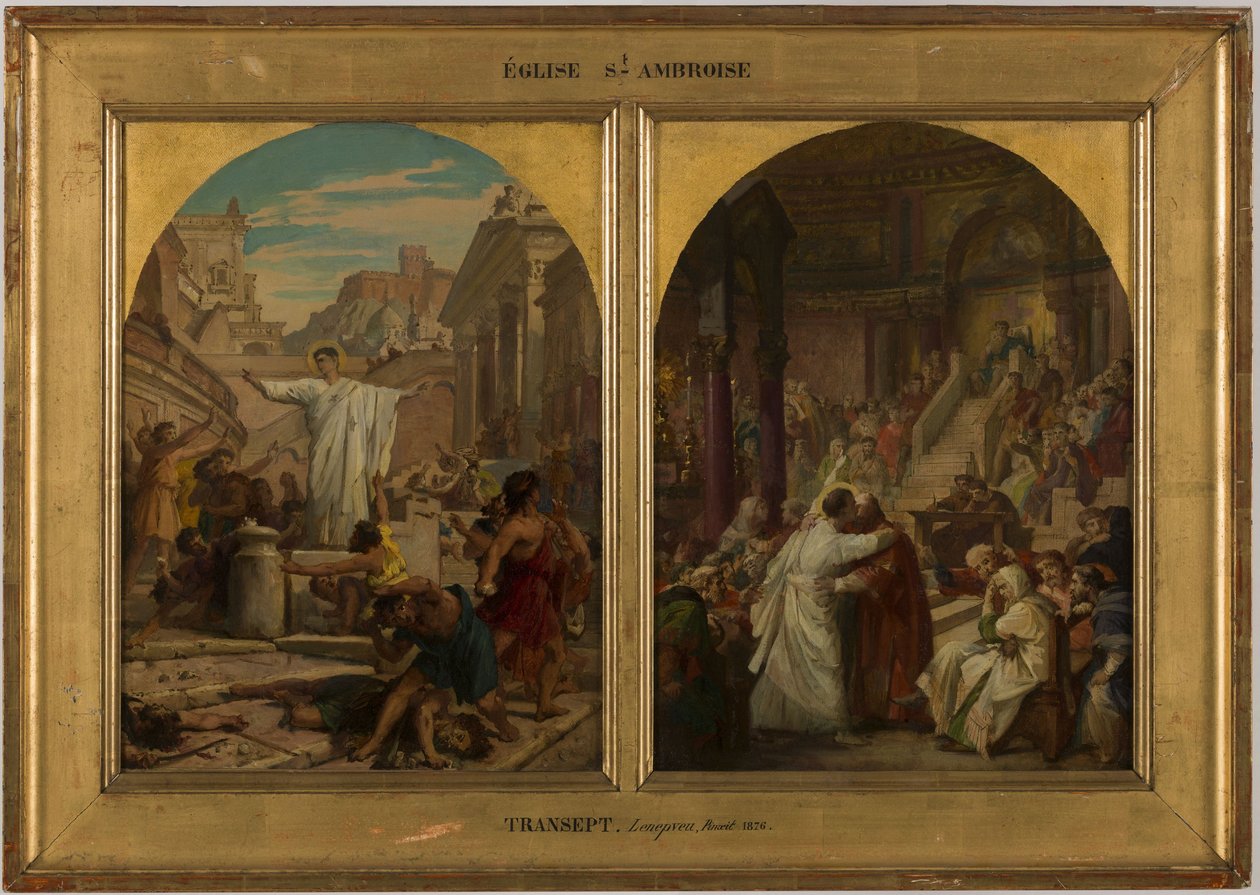 Saint-Ambroise kilisesi için eskiz: Aziz Augustine, babaların, kardeşlerin ve oğulların birbirleriyle savaşarak barbarca uygulamalarına son veriyor, 1872 ve 1875 yılları arasında (tuval üzerine yağlıboya) by Jules Eugene Lenepveu