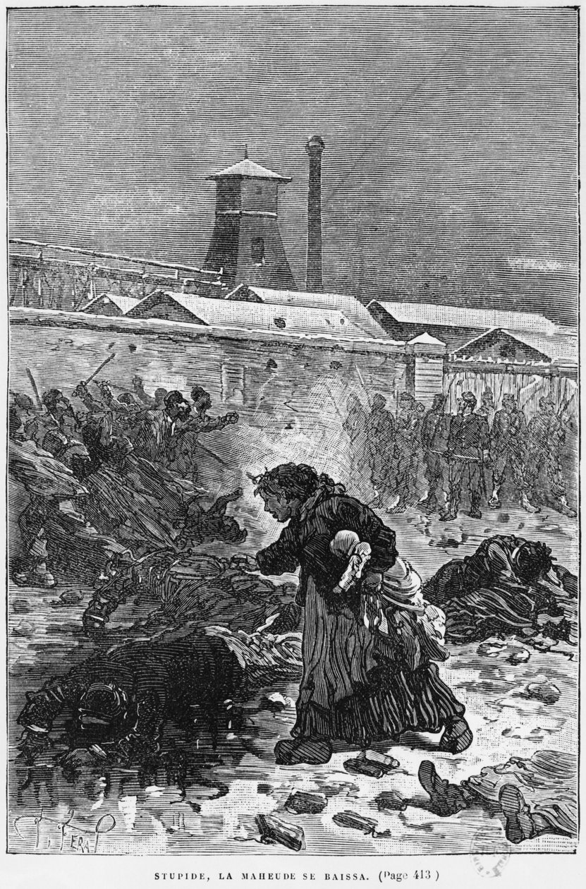 'Aptal, La Maheude se baissa', Emile Zola (1840-1902) tarafından 'Germinal'den bir çizim Desire Dumont (19. yüzyıl), 1886 baskısı by Jules Ferat