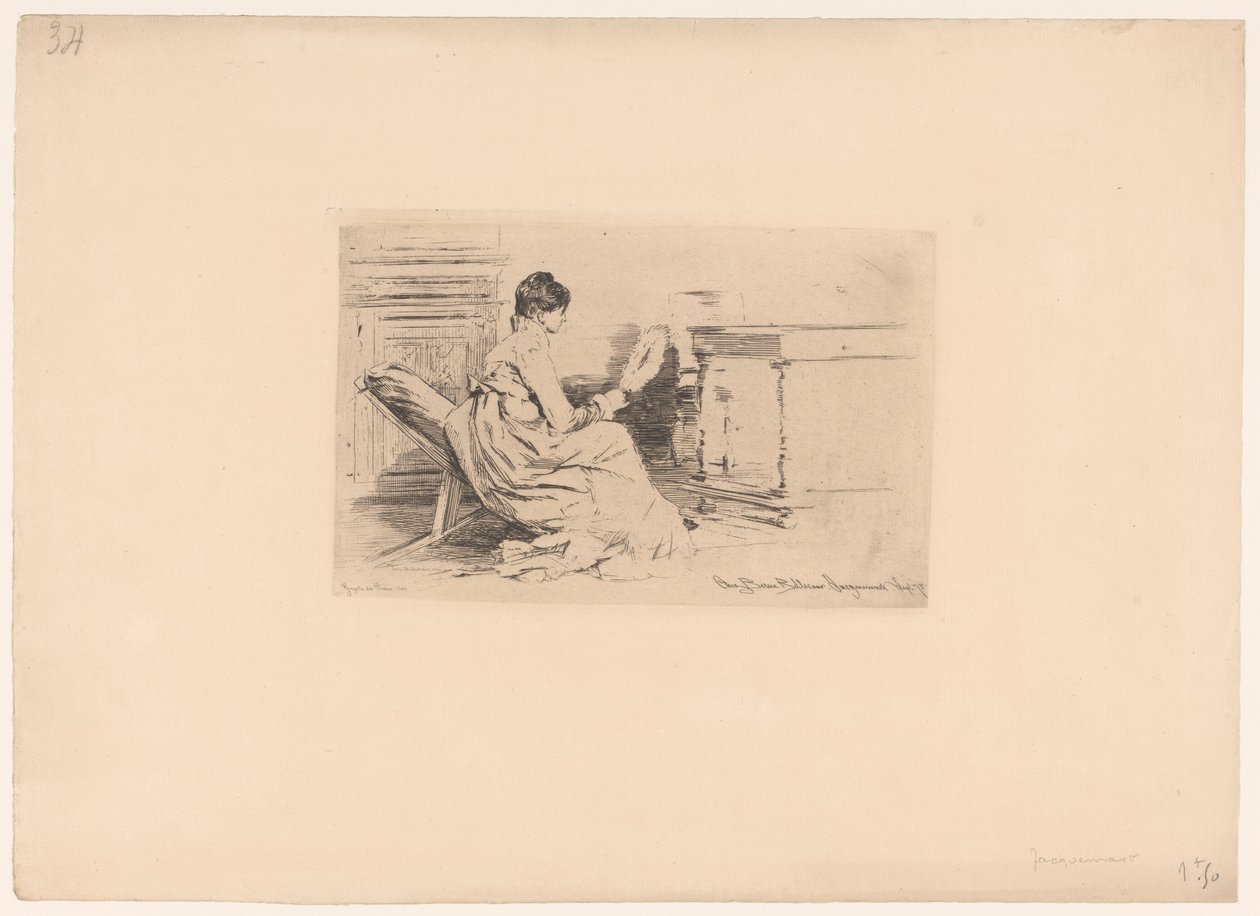 Alçak sandalyede fan olan kadın by Jules Ferdinand Jacquemart (attributed to)
