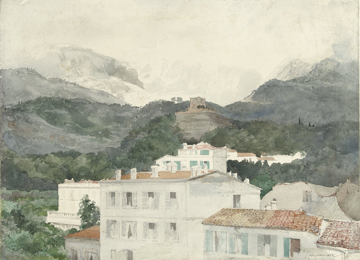 Dağların eteğinde kır evleri, ileride yüksek dağlar, La Turbie by Jules Ferdinand Jacquemart