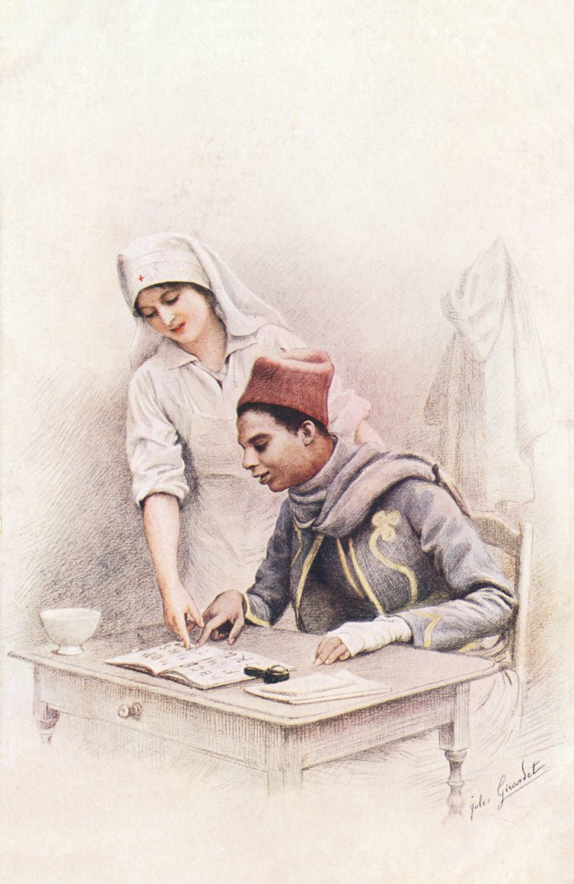 Okuma dersi. Senegalli bir ayakkabıcıya okumayı öğrenen bir Kızılhaç hemşiresini temsil eden "Uluslar Savaşı" kartpostalı by Jules Girardet