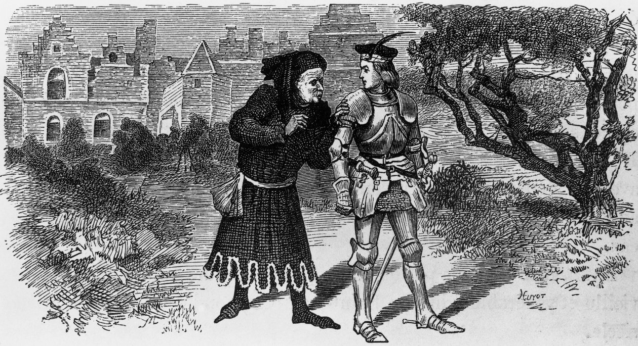 Quentin Durward için İllüstrasyon, Walter Scott'ın (1771-1832) tarihi romanı, Jules Huyot'un (1841-1921) gravürü by Jules Huyot