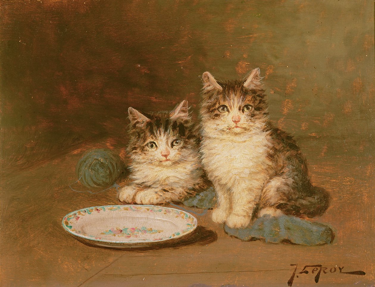 Boş Kaseli İki Yavru Kedi (panelde yağ) by Jules Leroy