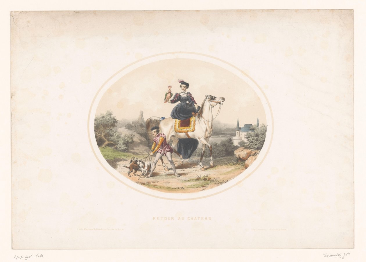 At sırtında şahinli soylu kadın Retour au château (nesnedeki başlık) by Jules Marie Desandre