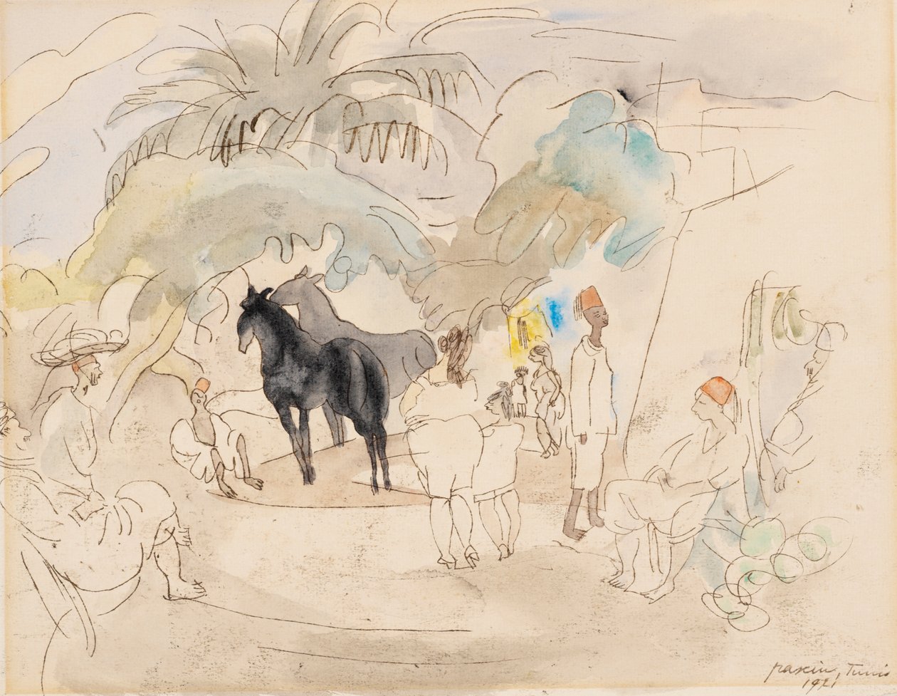 Bir Manzarada Figürler ve İki At, 1921 (kağıt üzerinde wc) by Jules Pascin