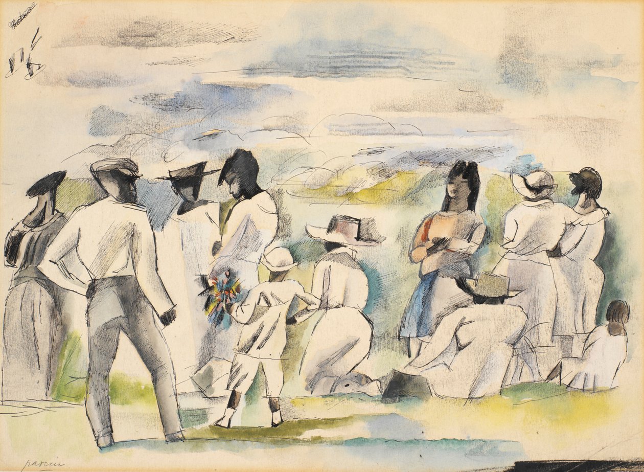 Çiçek tutan çocuk ile rakamlar grubu by Jules Pascin