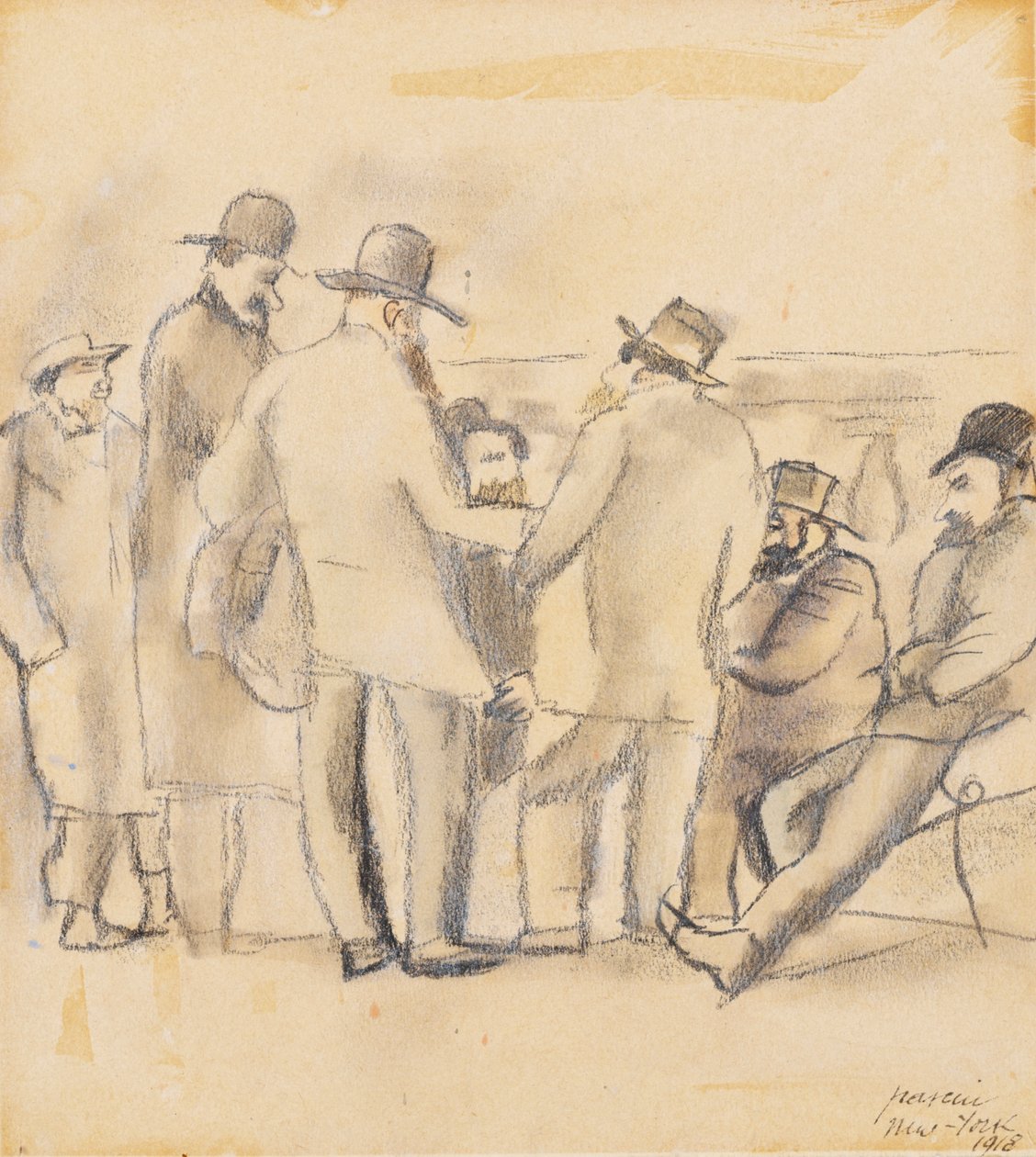 Group of Men, New York, 1918 (kağıt üzerinde tuvalet ve kalem) by Jules Pascin