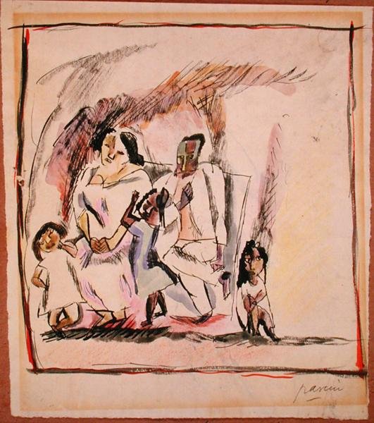 Anne, Baba ve Üç Çocuk (kağıt üzerine sulu boya) by Jules Pascin