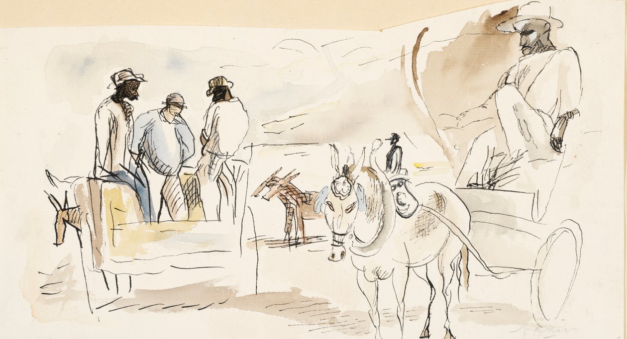 Köleler ve İki Araba (kağıt üzerinde wc) by Jules Pascin
