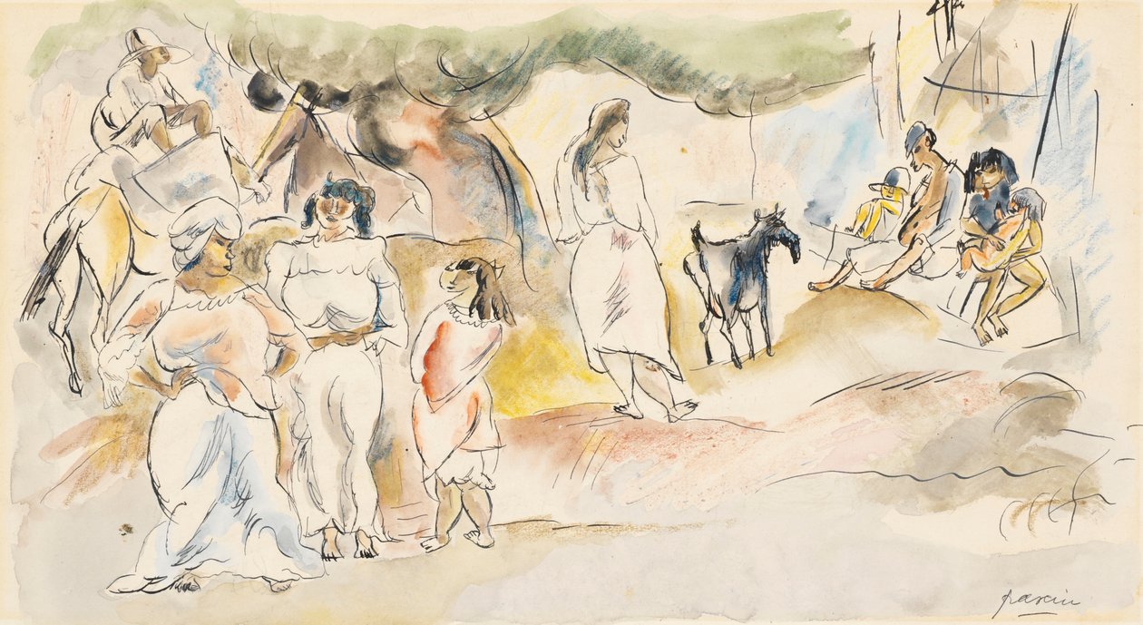 Güney Figürleri ve Keçi (kağıt üzerinde wc) by Jules Pascin