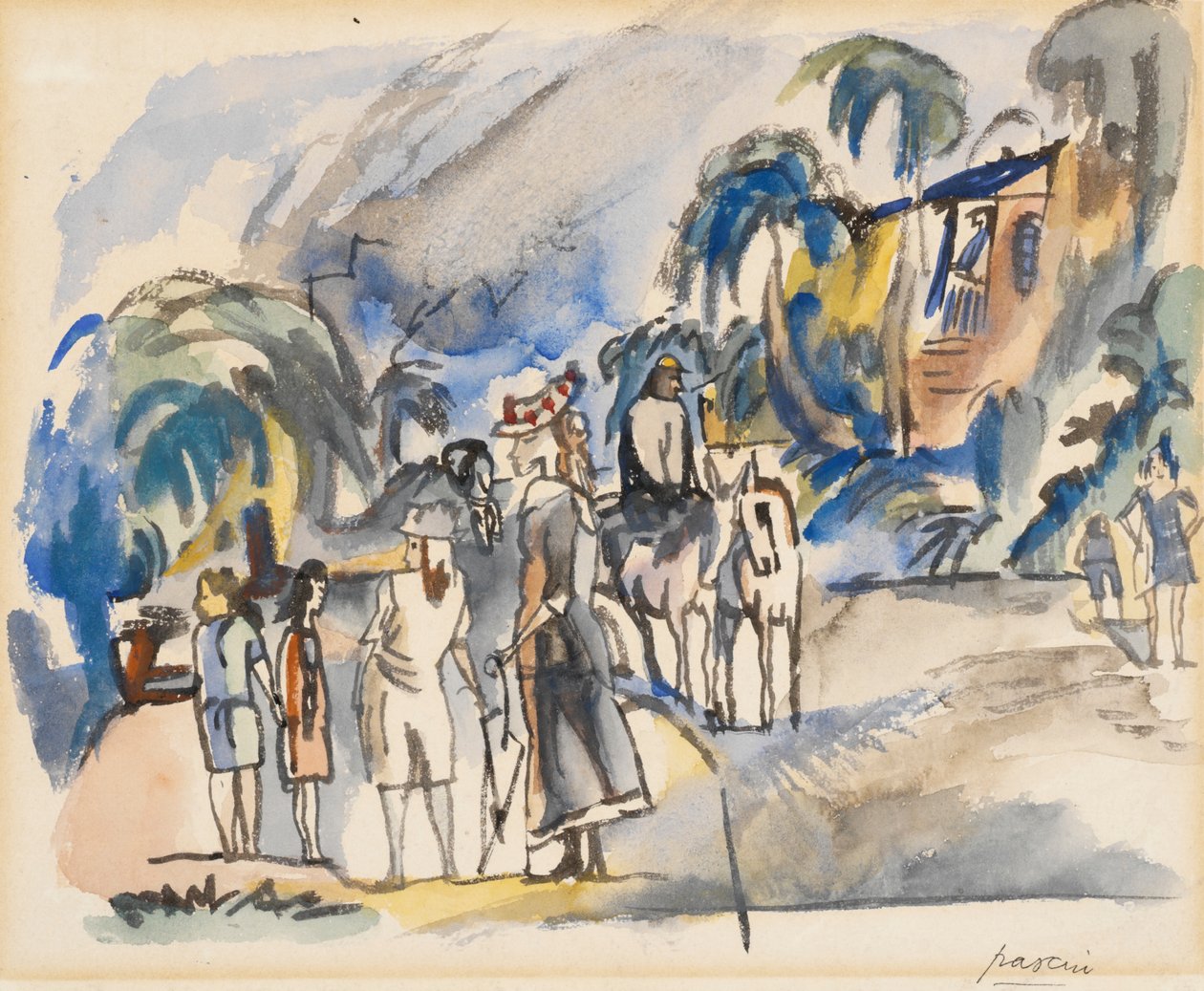 Anne ve Çocuklu Güney Manzarası (kağıt üzerinde wc) by Jules Pascin