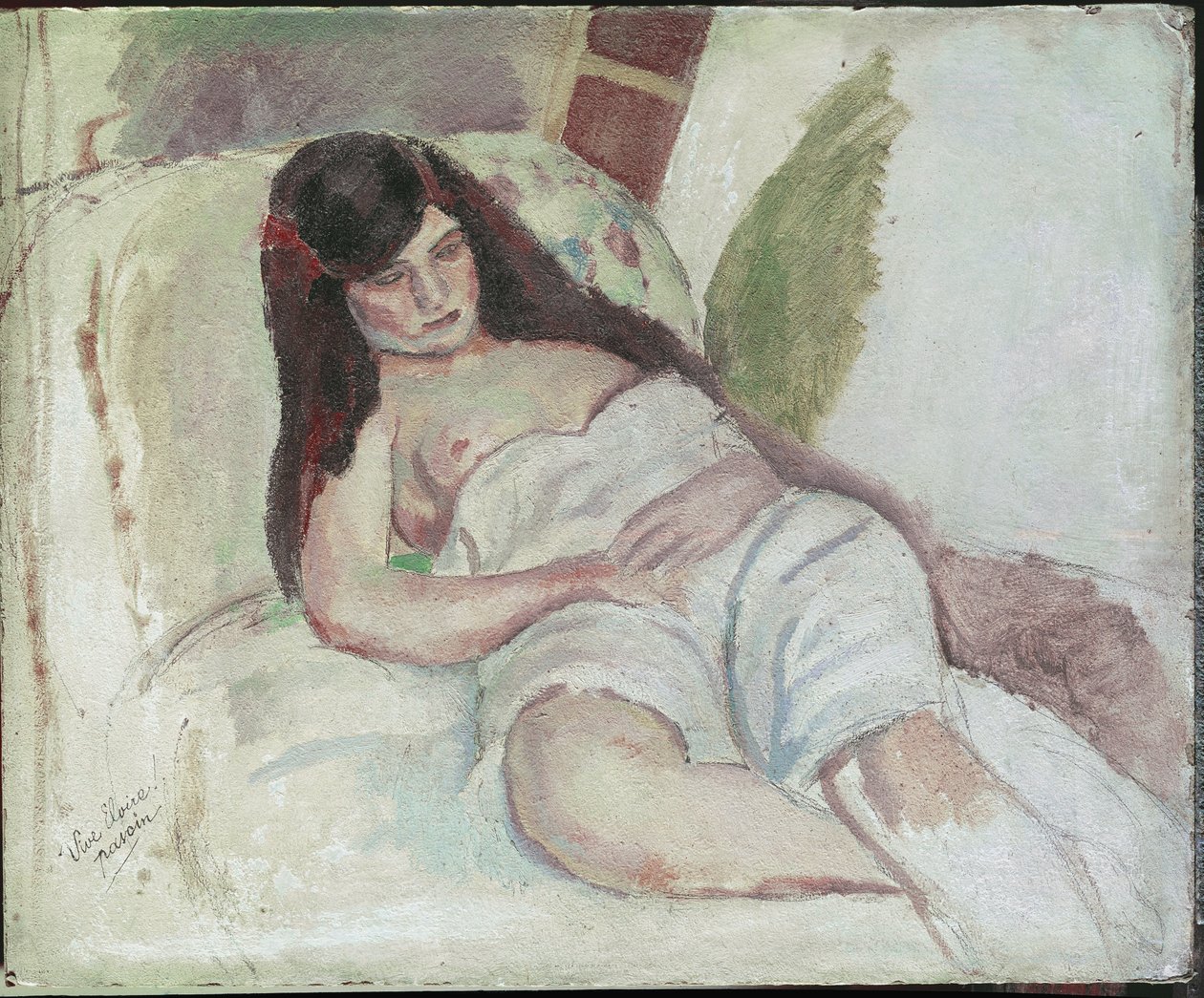 Yalan söyleyen kadın (Vive Elvire yazısıyla birlikte). (ahşap üzerine yağlı boya, 20. yüzyıl) by Jules Pascin