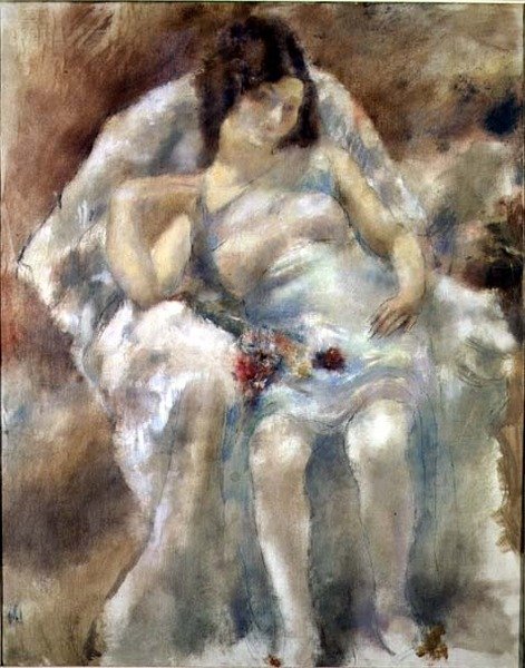Çiçeklerle Oturan Genç Kadın by Jules Pascin