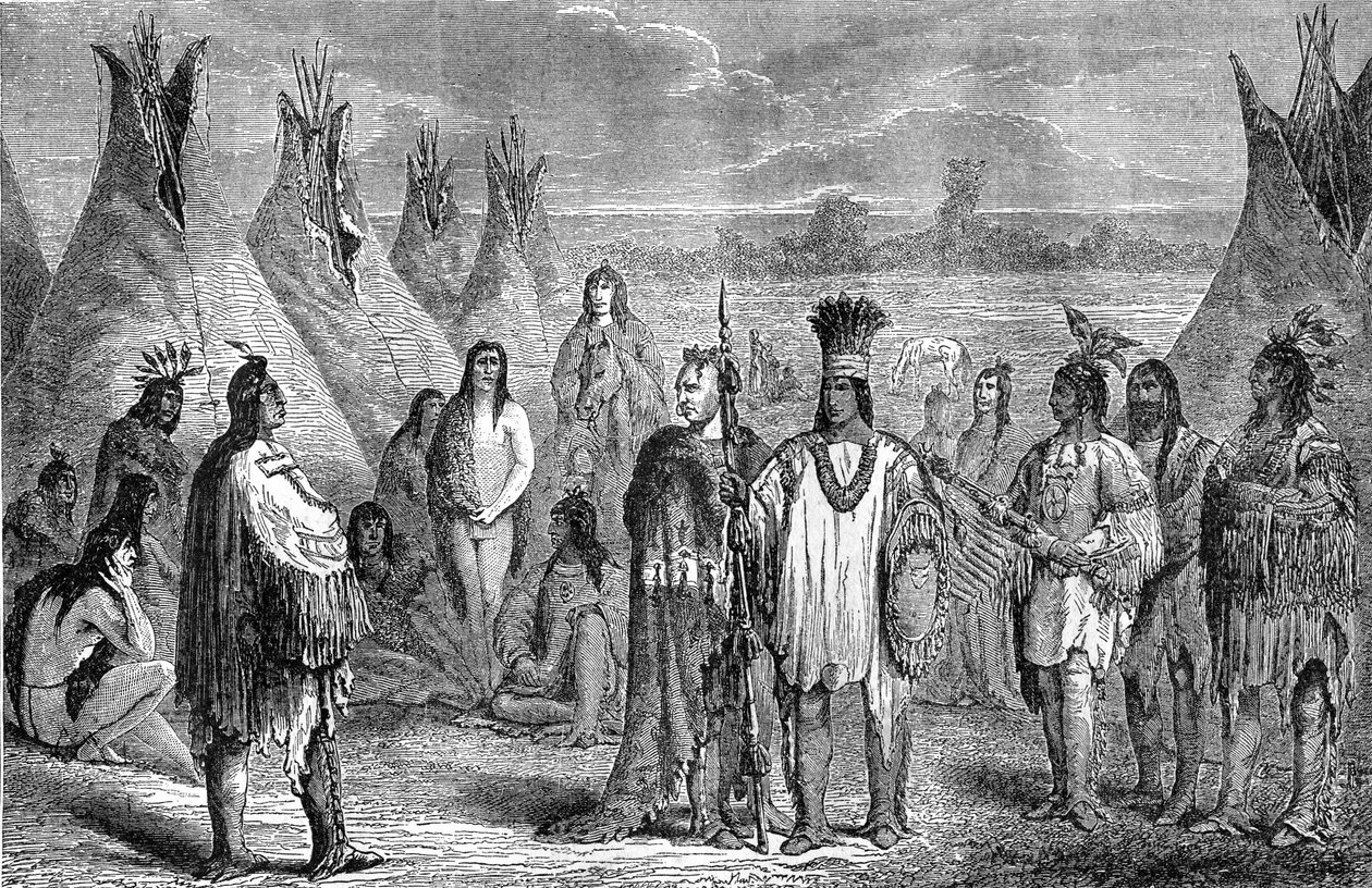Bir grup Delaware Kızılderilisi tipi kampta. Janet Lange'ye atfedilen gravür, 1870 dolaylarında. Fenimore Cooper'dan sonra "The Last of the Mohicans" kitabının 1888 Hachette baskısının çizimi. by Jules Pelcoq