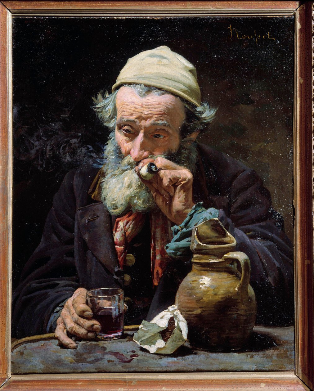 İçen Yaşlı bir adam pipo içiyor ve bir kadeh şarap içiyor. Jules Rousset (1840-?) tarafından yapılan resim 19. yüzyıl Orleans, Güzel Sanatlar Müzesi by Jules Rousset