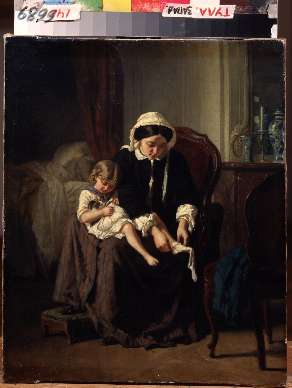 Sabah tuvaleti (Sabah tuvaleti). Bir anne (veya hizmetçi?) bir çocuğun giyinmesine yardım eder. Jules Treyer (1824-1908) tarafından yapılan resim. Tuval üzerine yağlı boya, 47 x 39 cm by Jules Treyer